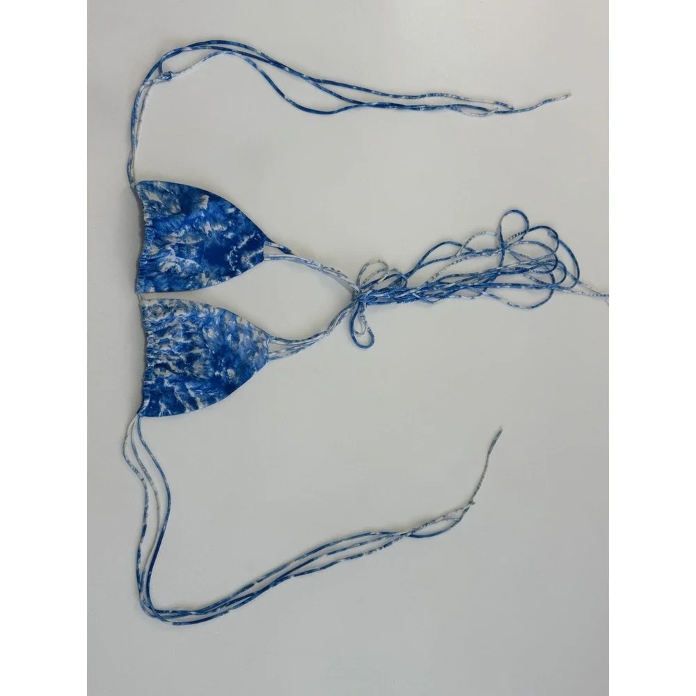 Mikoh Blue White Wave Tie Dye Triangle Bikini Top Strappy Halter Swim Sz L Soft